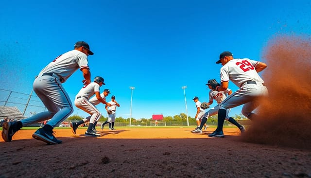 A sunny baseball field, the infield and outfield in focus. Players in their defensive positions, poised and alert, gloves at the ready. Dirt kicks up as they shift their weight, anticipating the next play. Crisp, well-timed movements, bodies in perfect sync. Overhead, the sky is a brilliant blue, casting warm, natural light across the scene. The perspective is low, capturing the intensity and dynamism of the moment. Vibrant colors, sharp details, and a sense of strategic precision - this is the essence of defensive wizardry on the college diamond. A sunny baseball field, the infield and outfield in focus. Players in their defensive positions, poised and alert, gloves at the ready. Dirt kicks up as they shift their weight, anticipating the next play. Crisp, well-timed movements, bodies in perfect sync. Overhead, the sky is a brilliant blue, casting warm, natural light across the scene. The perspective is low, capturing the intensity and dynamism of the moment. Vibrant colors, sharp details, and a sense of strategic precision - this is the essence of defensive wizardry on the college diamond.