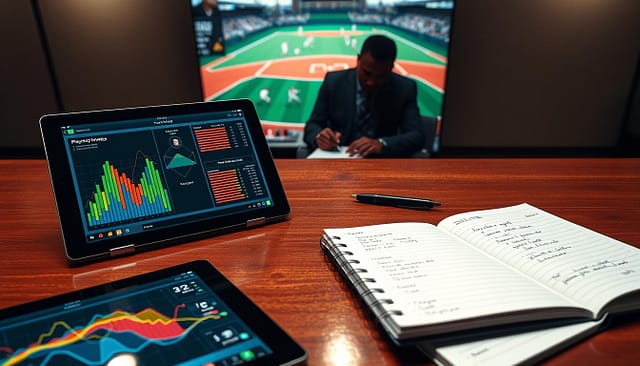 A visually striking scene illustrating "game review analytics" related to college baseball offensive lineup strategies. In the foreground, a digital tablet displays an intricate graph with colorful data visualizations and player stats. Beside it, a notebook with handwritten notes and a pen rests on a polished wooden table. In the middle ground, a shadowy figure, dressed in professional attire, analyzes the data while jotting down insights. In the background, a large screen showcases a vibrant baseball diamond with player avatars in action, depicting various lineup formations. The lighting is soft but focused, creating an engaging ambiance, like a strategizing session. The angle is slightly overhead, giving a comprehensive view of the analytics process while maintaining an atmosphere of professionalism and focus. A visually striking scene illustrating "game review analytics" related to college baseball offensive lineup strategies. In the foreground, a digital tablet displays an intricate graph with colorful data visualizations and player stats. Beside it, a notebook with handwritten notes and a pen rests on a polished wooden table. In the middle ground, a shadowy figure, dressed in professional attire, analyzes the data while jotting down insights. In the background, a large screen showcases a vibrant baseball diamond with player avatars in action, depicting various lineup formations. The lighting is soft but focused, creating an engaging ambiance, like a strategizing session. The angle is slightly overhead, giving a comprehensive view of the analytics process while maintaining an atmosphere of professionalism and focus.