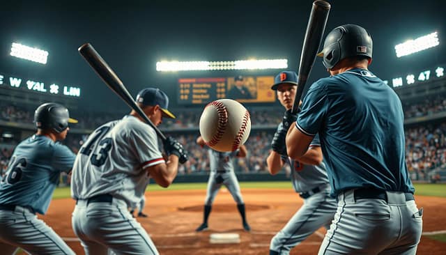 An intense baseball scene showcasing elite offensive techniques during a college game. In the foreground, a diverse group of players in professional uniforms prepares for action, demonstrating different batting stances and grip techniques, emphasizing focus and determination. The middle ground features a pitcher in mid-delivery, with an intricate view of the ball as it spirals towards the batter. The background captures a vibrant stadium filled with cheering fans under bright stadium lights, creating an energetic atmosphere. The lighting is dynamic, highlighting the players' expressions and the texture of the baseball field. Shot from a low angle to enhance the players' stature and significance in the moment, with a shallow depth of field to keep the focus sharp on the athletes. An intense baseball scene showcasing elite offensive techniques during a college game. In the foreground, a diverse group of players in professional uniforms prepares for action, demonstrating different batting stances and grip techniques, emphasizing focus and determination. The middle ground features a pitcher in mid-delivery, with an intricate view of the ball as it spirals towards the batter. The background captures a vibrant stadium filled with cheering fans under bright stadium lights, creating an energetic atmosphere. The lighting is dynamic, highlighting the players' expressions and the texture of the baseball field. Shot from a low angle to enhance the players' stature and significance in the moment, with a shallow depth of field to keep the focus sharp on the athletes.