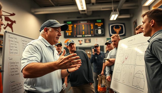 A dynamic scene showcasing a Texas football coach in a modern training facility, intensely discussing game planning strategies with a group of assistant coaches around a large whiteboard filled with detailed play diagrams. The foreground features the coach, a middle-aged man in a professional polo shirt and baseball cap, gesturing passionately. The middle ground captures the focused expressions of the assistant coaches, dressed in casual but professional attire, taking notes and analyzing strategies. In the background, a high-tech football scoreboard and various sports memorabilia enhance the atmosphere of a spirited tactical meeting. Soft, natural lighting from overhead fixtures creates a warm ambiance, while a slight low-angle perspective emphasizes the coaches' leadership role, conveying a mood of collaboration and strategic depth. A dynamic scene showcasing a Texas football coach in a modern training facility, intensely discussing game planning strategies with a group of assistant coaches around a large whiteboard filled with detailed play diagrams. The foreground features the coach, a middle-aged man in a professional polo shirt and baseball cap, gesturing passionately. The middle ground captures the focused expressions of the assistant coaches, dressed in casual but professional attire, taking notes and analyzing strategies. In the background, a high-tech football scoreboard and various sports memorabilia enhance the atmosphere of a spirited tactical meeting. Soft, natural lighting from overhead fixtures creates a warm ambiance, while a slight low-angle perspective emphasizes the coaches' leadership role, conveying a mood of collaboration and strategic depth.