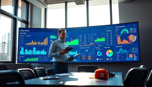 A sleek and modern college baseball game analytics dashboard displayed on a large digital screen in a well-lit coaching room. In the foreground, there are vibrant visualizations—graphs, charts, and heat maps—showing player statistics and game metrics in rich colors like blue, green, and orange. The middle layer features a focused coach in smart casual attire, intently analyzing the data with a tablet in hand, surrounded by notes and baseball gear. In the background, large windows let in natural light, creating an energetic atmosphere. Soft shadows enhance the room's depth. The overall mood is thoughtful and analytical, reflecting the proactive approach of coaches leveraging data for strategic game planning. A sleek and modern college baseball game analytics dashboard displayed on a large digital screen in a well-lit coaching room. In the foreground, there are vibrant visualizations—graphs, charts, and heat maps—showing player statistics and game metrics in rich colors like blue, green, and orange. The middle layer features a focused coach in smart casual attire, intently analyzing the data with a tablet in hand, surrounded by notes and baseball gear. In the background, large windows let in natural light, creating an energetic atmosphere. Soft shadows enhance the room's depth. The overall mood is thoughtful and analytical, reflecting the proactive approach of coaches leveraging data for strategic game planning.
