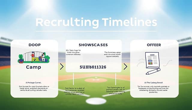 A strategic baseball recruiting timeline milestones infographic, featuring a visually engaging design that highlights key components: Camps, Showcases, and Offers. In the foreground, include illustrated icons representing each milestone—a baseball camp setting with players practicing, a showcase with scouts in attendance, and an icon of a contract or offer letter. The middle layer should depict a well-organized timeline with clear divisions and arrows leading through the milestones. In the background, a subtle baseball field or stadium silhouette creates depth. The lighting should be bright and inviting, evoking a professional, optimistic atmosphere. Use a clean, modern aesthetic suitable for a professional sports article, ensuring the absence of text or branding elements for a focused visual representation. A strategic baseball recruiting timeline milestones infographic, featuring a visually engaging design that highlights key components: Camps, Showcases, and Offers. In the foreground, include illustrated icons representing each milestone—a baseball camp setting with players practicing, a showcase with scouts in attendance, and an icon of a contract or offer letter. The middle layer should depict a well-organized timeline with clear divisions and arrows leading through the milestones. In the background, a subtle baseball field or stadium silhouette creates depth. The lighting should be bright and inviting, evoking a professional, optimistic atmosphere. Use a clean, modern aesthetic suitable for a professional sports article, ensuring the absence of text or branding elements for a focused visual representation.