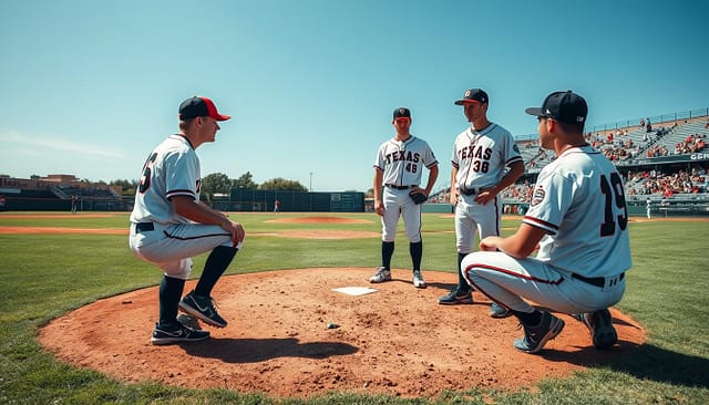 A vibrant college baseball scene showcasing a strategic mound discussion among three players in a Texas field, captured in the foreground. The players, dressed in professional baseball uniforms, are gathered around the pitcher's mound, discussing rotation tactics with focused expressions. In the middle ground, a well-maintained baseball diamond highlights the grass and pitcher’s plate, while the smooth dirt of the mound contrasts with the lush outfield. In the background, a clear blue sky enhances the atmosphere, and distant bleachers filled with enthusiastic fans can be seen, hinting at a lively game day environment. Soft, natural lighting casts gentle shadows, suggesting an afternoon sun, while the angle is slightly elevated to capture both the players' intensity and the expansive field. The overall mood is one of collaboration and strategy, emphasizing the art of pitching in college baseball. A vibrant college baseball scene showcasing a strategic mound discussion among three players in a Texas field, captured in the foreground. The players, dressed in professional baseball uniforms, are gathered around the pitcher's mound, discussing rotation tactics with focused expressions. In the middle ground, a well-maintained baseball diamond highlights the grass and pitcher’s plate, while the smooth dirt of the mound contrasts with the lush outfield. In the background, a clear blue sky enhances the atmosphere, and distant bleachers filled with enthusiastic fans can be seen, hinting at a lively game day environment. Soft, natural lighting casts gentle shadows, suggesting an afternoon sun, while the angle is slightly elevated to capture both the players' intensity and the expansive field. The overall mood is one of collaboration and strategy, emphasizing the art of pitching in college baseball.