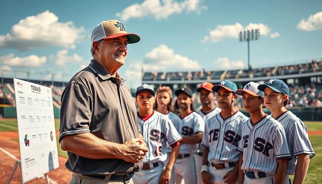 A Texas baseball coaching mentor stands proudly on a baseball diamond, interacting with a diverse group of young team captains, all wearing professional baseball uniforms. In the foreground, the mentor, an experienced coach in a Texas-themed cap and polo shirt, offers guidance while pointing toward a field strategy board. In the middle ground, attentive young athletes listen intently, displaying distinct ethnic backgrounds, embodying teamwork and leadership. The background features vivid Texas landscapes with blue skies, a sunlit baseball field, and bleachers filled with supportive fans. Soft, natural lighting enhances the motivational atmosphere. The composition is shot from a low angle to emphasize the coach’s authority, capturing the spirit of mentorship and success, showcasing the bond between coach and captains in a professional setting. A Texas baseball coaching mentor stands proudly on a baseball diamond, interacting with a diverse group of young team captains, all wearing professional baseball uniforms. In the foreground, the mentor, an experienced coach in a Texas-themed cap and polo shirt, offers guidance while pointing toward a field strategy board. In the middle ground, attentive young athletes listen intently, displaying distinct ethnic backgrounds, embodying teamwork and leadership. The background features vivid Texas landscapes with blue skies, a sunlit baseball field, and bleachers filled with supportive fans. Soft, natural lighting enhances the motivational atmosphere. The composition is shot from a low angle to emphasize the coach’s authority, capturing the spirit of mentorship and success, showcasing the bond between coach and captains in a professional setting.