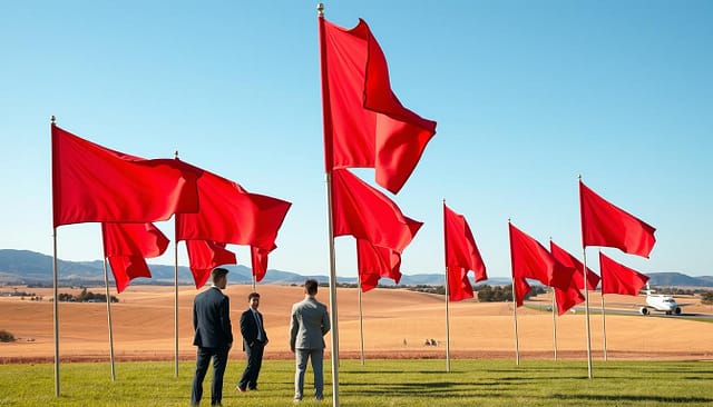 A Texas landscape featuring a large field with multiple red flags waving in the wind, symbolizing caution and attention. In the foreground, a group of young athletes in professional business attire, looking focused and engaged with each other, appearing like they are discussing strategies or training tips. The middle ground showcases a clear blue sky and gently rolling hills typical of Texas, with a few distant trees. In the background, there are outlines of sports facilities, hinting at a scouting event. Utilize soft, natural lighting to create an inviting atmosphere, capturing a sense of seriousness and awareness. The angle should be slightly elevated to overlook the group and the flags, emphasizing the theme of vigilance that scouts will notice. A Texas landscape featuring a large field with multiple red flags waving in the wind, symbolizing caution and attention. In the foreground, a group of young athletes in professional business attire, looking focused and engaged with each other, appearing like they are discussing strategies or training tips. The middle ground showcases a clear blue sky and gently rolling hills typical of Texas, with a few distant trees. In the background, there are outlines of sports facilities, hinting at a scouting event. Utilize soft, natural lighting to create an inviting atmosphere, capturing a sense of seriousness and awareness. The angle should be slightly elevated to overlook the group and the flags, emphasizing the theme of vigilance that scouts will notice.