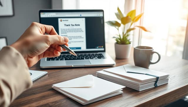 A beautifully organized workspace featuring a stylish desktop with a laptop open to an email client displaying a thank-you note template. In the foreground, a hand reaches for a pen poised to write. The middle ground includes a neatly arranged stack of personalized stationery with envelopes, a coffee mug, and a small potted plant adding a touch of greenery. In the background, a soft-focus window reveals a bright sunny day, casting warm natural light across the scene. The atmosphere is professional yet inviting, conveying a sense of intention and gratitude. The overall composition emphasizes clarity, focus, and effective communication, with a balanced perspective that engages the viewer. A beautifully organized workspace featuring a stylish desktop with a laptop open to an email client displaying a thank-you note template. In the foreground, a hand reaches for a pen poised to write. The middle ground includes a neatly arranged stack of personalized stationery with envelopes, a coffee mug, and a small potted plant adding a touch of greenery. In the background, a soft-focus window reveals a bright sunny day, casting warm natural light across the scene. The atmosphere is professional yet inviting, conveying a sense of intention and gratitude. The overall composition emphasizes clarity, focus, and effective communication, with a balanced perspective that engages the viewer.