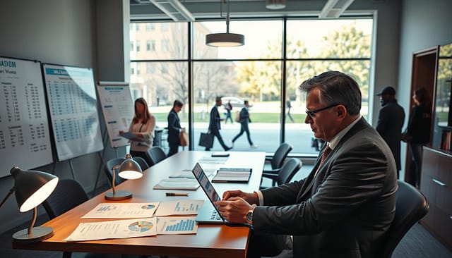 A bustling college athletic office, showcasing a diverse group of professionals engaged in roster management. In the foreground, a middle-aged man in a sharp suit analyzes player statistics on a laptop, his focused expression lit by the soft glow of desk lamps. To the left, a young woman in smart casual attire reviews a large whiteboard filled with player names and stats, while another individual jots down notes in a notebook. The middle section features a modern conference table with documents and charts spread out, conveying a detailed analysis of the upcoming season's walk-on candidates. In the background, large windows reveal a sunny campus scene, with students walking by, adding a sense of life and energy. The mood is dynamic and collaborative, capturing the intensity of roster planning within a collegiate sports context. A bustling college athletic office, showcasing a diverse group of professionals engaged in roster management. In the foreground, a middle-aged man in a sharp suit analyzes player statistics on a laptop, his focused expression lit by the soft glow of desk lamps. To the left, a young woman in smart casual attire reviews a large whiteboard filled with player names and stats, while another individual jots down notes in a notebook. The middle section features a modern conference table with documents and charts spread out, conveying a detailed analysis of the upcoming season's walk-on candidates. In the background, large windows reveal a sunny campus scene, with students walking by, adding a sense of life and energy. The mood is dynamic and collaborative, capturing the intensity of roster planning within a collegiate sports context.