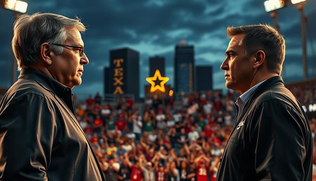 A dramatic scene depicting a Texas college baseball stadium at dusk, capturing the tension of a head coach hiring and firing rivalry. In the foreground, two coaches in professional attire—a seasoned coach with a serious expression and a younger, ambitious coach looking determined—face each other, their bodies slightly turned to the side, signaling a competitive showdown. In the middle ground, a crowd of fans, wearing team colors, reacts with a mix of excitement and concern, their faces illuminated by stadium lights. The background shows iconic Texas landmarks subtly blended within the stands, setting a vivid regional context. The lighting is warm yet dramatic, casting long shadows that enhance the emotional intensity of the moment, with a shallow depth of field to focus on the coaches while softly blurring the background. A dramatic scene depicting a Texas college baseball stadium at dusk, capturing the tension of a head coach hiring and firing rivalry. In the foreground, two coaches in professional attire—a seasoned coach with a serious expression and a younger, ambitious coach looking determined—face each other, their bodies slightly turned to the side, signaling a competitive showdown. In the middle ground, a crowd of fans, wearing team colors, reacts with a mix of excitement and concern, their faces illuminated by stadium lights. The background shows iconic Texas landmarks subtly blended within the stands, setting a vivid regional context. The lighting is warm yet dramatic, casting long shadows that enhance the emotional intensity of the moment, with a shallow depth of field to focus on the coaches while softly blurring the background.