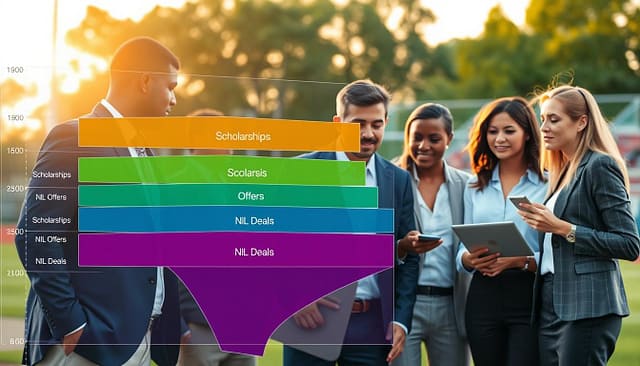 A dynamic and detailed depiction of a layered financial package structure related to baseball equivalency sports in Texas, showcasing various components such as scholarships, offers, and NIL deals. Foreground: a transparent chart with vibrant layers, each labeled with terms like 'Scholarships', 'NIL', and 'Offers'. Middle ground: diverse professionals in business attire analyzing the layers, emphasizing collaboration and strategy, with expressions of focus and engagement. Background: a soft-focus sports field under golden hour lighting, conveying a hopeful and dynamic atmosphere. Use a wide-angle lens to capture the entire scene, highlighting the layered structure while ensuring clarity. A dynamic and detailed depiction of a layered financial package structure related to baseball equivalency sports in Texas, showcasing various components such as scholarships, offers, and NIL deals. Foreground: a transparent chart with vibrant layers, each labeled with terms like 'Scholarships', 'NIL', and 'Offers'. Middle ground: diverse professionals in business attire analyzing the layers, emphasizing collaboration and strategy, with expressions of focus and engagement. Background: a soft-focus sports field under golden hour lighting, conveying a hopeful and dynamic atmosphere. Use a wide-angle lens to capture the entire scene, highlighting the layered structure while ensuring clarity.