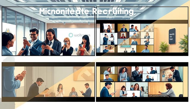 A dynamic mobile-first recruiting video storyboard, vividly illustrated with four distinct frames. In the foreground, a diverse group of professionals in business attire engage vicariously with their smartphones, showcasing enthusiasm and collaboration. The middle layer features a seamless sequence of video clips, highlighting key moments: teamwork brainstorming, interviews, and candid testimonials, all within clean storyboard panels. The background displays an office environment with modern design elements, subtle branding, and a warm color palette that evokes a sense of professionalism and approachability. Soft lighting enhances the inviting atmosphere, while the angle highlights a diagonal view of the storyboard, drawing the eye across the visual narrative. The overall mood is motivational and innovative, capturing the essence of effective data-driven recruiting through video storytelling. A dynamic mobile-first recruiting video storyboard, vividly illustrated with four distinct frames. In the foreground, a diverse group of professionals in business attire engage vicariously with their smartphones, showcasing enthusiasm and collaboration. The middle layer features a seamless sequence of video clips, highlighting key moments: teamwork brainstorming, interviews, and candid testimonials, all within clean storyboard panels. The background displays an office environment with modern design elements, subtle branding, and a warm color palette that evokes a sense of professionalism and approachability. Soft lighting enhances the inviting atmosphere, while the angle highlights a diagonal view of the storyboard, drawing the eye across the visual narrative. The overall mood is motivational and innovative, capturing the essence of effective data-driven recruiting through video storytelling.