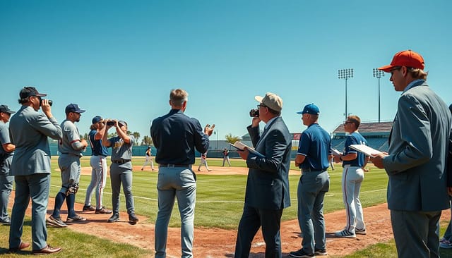 A dynamic scene capturing a Texas JUCO baseball scouting and recruitment analysis event. In the foreground, a diverse group of professional scouts in business attire, with binoculars and notepads, attentively observing and discussing player performances. The middle ground features a well-maintained baseball field under bright, natural lighting, with players in JUCO uniforms engaged in practice drills. In the background, a clear blue Texas sky enhances the atmosphere, with distant bleachers and banners reflecting the intensity of recruitment efforts. The composition focuses on the energetic yet serious mood of recruitment as scouts assess talent for DI and DII colleges. Use a wide-angle lens to emphasize the vibrant action and depth in the scene. A dynamic scene capturing a Texas JUCO baseball scouting and recruitment analysis event. In the foreground, a diverse group of professional scouts in business attire, with binoculars and notepads, attentively observing and discussing player performances. The middle ground features a well-maintained baseball field under bright, natural lighting, with players in JUCO uniforms engaged in practice drills. In the background, a clear blue Texas sky enhances the atmosphere, with distant bleachers and banners reflecting the intensity of recruitment efforts. The composition focuses on the energetic yet serious mood of recruitment as scouts assess talent for DI and DII colleges. Use a wide-angle lens to emphasize the vibrant action and depth in the scene.
