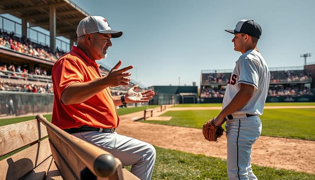 A dynamic scene depicting a Texas college baseball coach in discussion with a player on the field. The coach, a middle-aged man wearing a clean Texas-themed cap and traditional baseball attire, gestures passionately while explaining a technique. The player, a young athlete in a professional-looking baseball uniform, listens intently, holding a glove in one hand. In the foreground, a baseball bat leans against a dusty wooden bench, while the middle ground features a sun-drenched baseball diamond with patches of green grass. In the background, a rustic grandstand filled with enthusiastic fans under a bright blue Texan sky. Natural sunlight casts warm highlights, creating an engaging atmosphere rich with the spirit of teamwork and mentorship. The focus is sharp on the coach and player, enhancing the emotional connection between them. A dynamic scene depicting a Texas college baseball coach in discussion with a player on the field. The coach, a middle-aged man wearing a clean Texas-themed cap and traditional baseball attire, gestures passionately while explaining a technique. The player, a young athlete in a professional-looking baseball uniform, listens intently, holding a glove in one hand. In the foreground, a baseball bat leans against a dusty wooden bench, while the middle ground features a sun-drenched baseball diamond with patches of green grass. In the background, a rustic grandstand filled with enthusiastic fans under a bright blue Texan sky. Natural sunlight casts warm highlights, creating an engaging atmosphere rich with the spirit of teamwork and mentorship. The focus is sharp on the coach and player, enhancing the emotional connection between them.