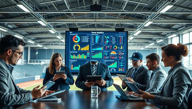 A dynamic scene of a Texas college baseball team meeting, focused on baseball analytics for recruiting. In the foreground, a diverse group of five professionals, dressed in smart business attire, intensely analyze data on tablets and laptops. The middle layer features a large digital display board showcasing colorful charts, graphs, and player statistics, illuminated with a soft glow. In the background, the interior of a modern baseball facility is visible, with a high ceiling, bright artificial lighting, and a baseball field seen through expansive glass windows. The mood is focused and forward-thinking, reflecting the excitement of using innovative data-driven strategies to enhance recruitment. The composition features a slight depth of field effect, emphasizing the analytics while blurring the background for clarity. A dynamic scene of a Texas college baseball team meeting, focused on baseball analytics for recruiting. In the foreground, a diverse group of five professionals, dressed in smart business attire, intensely analyze data on tablets and laptops. The middle layer features a large digital display board showcasing colorful charts, graphs, and player statistics, illuminated with a soft glow. In the background, the interior of a modern baseball facility is visible, with a high ceiling, bright artificial lighting, and a baseball field seen through expansive glass windows. The mood is focused and forward-thinking, reflecting the excitement of using innovative data-driven strategies to enhance recruitment. The composition features a slight depth of field effect, emphasizing the analytics while blurring the background for clarity.