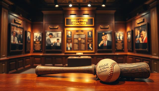 A grand Hall of Fame display dedicated to Texas baseball coaches, showcasing plaques and memorabilia. In the foreground, a vintage baseball glove, a worn bat, and a baseball signed by legendary coaches rest on a polished wooden surface. The middle ground features an elegant wall filled with framed photographs of Hall of Fame inductees, including coaches in professional attire, captured in dynamic coaching moments. In the background, the dimly lit ambiance highlights the golden glow of spotlights illuminating the plaques, creating a reverent atmosphere. A wide-angle view captures the depth of the hall, while soft, warm lighting enhances the nostalgic feel, evoking pride and tradition in Texas baseball. A grand Hall of Fame display dedicated to Texas baseball coaches, showcasing plaques and memorabilia. In the foreground, a vintage baseball glove, a worn bat, and a baseball signed by legendary coaches rest on a polished wooden surface. The middle ground features an elegant wall filled with framed photographs of Hall of Fame inductees, including coaches in professional attire, captured in dynamic coaching moments. In the background, the dimly lit ambiance highlights the golden glow of spotlights illuminating the plaques, creating a reverent atmosphere. A wide-angle view captures the depth of the hall, while soft, warm lighting enhances the nostalgic feel, evoking pride and tradition in Texas baseball.