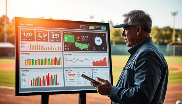 A high-tech Texas college baseball analytics metrics dashboard, prominently displayed on a sleek digital screen. In the foreground, the dashboard features colorful, interactive data visualizations including graphs, charts, and player statistics, focusing on metrics like batting averages, on-base percentages, and pitching effectiveness. The middle area shows a coach in professional attire, intently analyzing the data with a tablet in hand, surrounded by baseball equipment. The background includes a blurred image of a college baseball field under bright, natural lighting, creating an energetic atmosphere. The composition suggests a blend of sports and cutting-edge technology, emphasizing the role of analytics in modern baseball management. A high-tech Texas college baseball analytics metrics dashboard, prominently displayed on a sleek digital screen. In the foreground, the dashboard features colorful, interactive data visualizations including graphs, charts, and player statistics, focusing on metrics like batting averages, on-base percentages, and pitching effectiveness. The middle area shows a coach in professional attire, intently analyzing the data with a tablet in hand, surrounded by baseball equipment. The background includes a blurred image of a college baseball field under bright, natural lighting, creating an energetic atmosphere. The composition suggests a blend of sports and cutting-edge technology, emphasizing the role of analytics in modern baseball management.