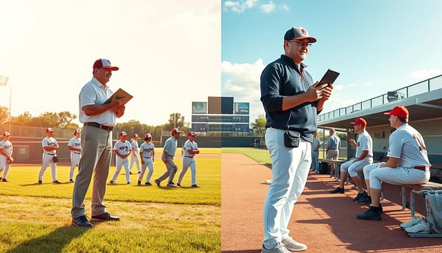 A split-scene illustration depicting two baseball coaches on a college field, symbolizing traditional and modern coaching styles. On the left, a traditional coach in professional attire stands confidently, gesturing with a clipboard, surrounded by attentive players practicing fundamental drills under warm afternoon sunlight. On the right, a modern coach in casual attire holds a tablet, engaging players in a dynamic discussion near a dugout adorned with tech equipment, illuminated by cooler, natural light. The background captures a lush baseball field under a bright sky, emphasizing teamwork and strategy. The mood is inspirational and focused, with contrasting approaches to leadership evident in body language and environment. Use a wide angle to convey the contrasting elements clearly. A split-scene illustration depicting two baseball coaches on a college field, symbolizing traditional and modern coaching styles. On the left, a traditional coach in professional attire stands confidently, gesturing with a clipboard, surrounded by attentive players practicing fundamental drills under warm afternoon sunlight. On the right, a modern coach in casual attire holds a tablet, engaging players in a dynamic discussion near a dugout adorned with tech equipment, illuminated by cooler, natural light. The background captures a lush baseball field under a bright sky, emphasizing teamwork and strategy. The mood is inspirational and focused, with contrasting approaches to leadership evident in body language and environment. Use a wide angle to convey the contrasting elements clearly.