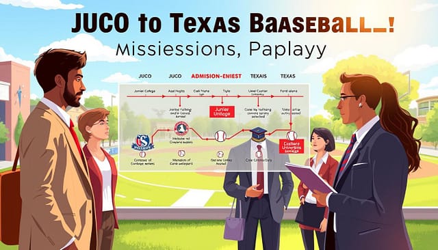 A vibrant and informative illustration depicting the "JUCO to Texas baseball admissions pathway." In the foreground, a diverse group of student-athletes, dressed in professional business attire, eagerly discuss their academic plans. In the middle ground, a stylized, visually engaging pathway chart showcases the steps from a Junior College (JUCO) to Texas universities, featuring icons like graduation caps and baseballs to symbolize education and sports. The background features a bright, sunlit campus scene, emphasizing a welcoming atmosphere with trees and baseball fields in view. Soft, warm lighting creates a sense of optimism and opportunity. The overall mood is inspiring and educational, capturing the essence of ambition and the transition from junior college to higher education in Texas baseball. A vibrant and informative illustration depicting the "JUCO to Texas baseball admissions pathway." In the foreground, a diverse group of student-athletes, dressed in professional business attire, eagerly discuss their academic plans. In the middle ground, a stylized, visually engaging pathway chart showcases the steps from a Junior College (JUCO) to Texas universities, featuring icons like graduation caps and baseballs to symbolize education and sports. The background features a bright, sunlit campus scene, emphasizing a welcoming atmosphere with trees and baseball fields in view. Soft, warm lighting creates a sense of optimism and opportunity. The overall mood is inspiring and educational, capturing the essence of ambition and the transition from junior college to higher education in Texas baseball.