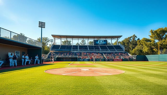 A vibrant and modern Texas college baseball facility, featuring a well-kept diamond with professional-grade turf and bright white foul lines. In the foreground, a sleek dugout with players in modest athletic uniforms, showcasing analytics technology like tablets and advanced scouting tools. The middle ground includes a state-of-the-art training center with large glass windows displaying workout equipment, pitch and swing analysis screens, and coaches discussing strategies. In the background, a clear blue sky over a stadium filled with fans, and lush green trees surrounding the complex. The lighting is bright and sunny, creating an optimistic and energetic atmosphere. The angle is wide, capturing the essence of a bustling college baseball environment focused on player development and cutting-edge analytics. A vibrant and modern Texas college baseball facility, featuring a well-kept diamond with professional-grade turf and bright white foul lines. In the foreground, a sleek dugout with players in modest athletic uniforms, showcasing analytics technology like tablets and advanced scouting tools. The middle ground includes a state-of-the-art training center with large glass windows displaying workout equipment, pitch and swing analysis screens, and coaches discussing strategies. In the background, a clear blue sky over a stadium filled with fans, and lush green trees surrounding the complex. The lighting is bright and sunny, creating an optimistic and energetic atmosphere. The angle is wide, capturing the essence of a bustling college baseball environment focused on player development and cutting-edge analytics.