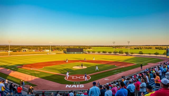 A vibrant baseball field under a clear Texas sky during golden hour, showcasing an NAIA baseball team in action. In the foreground, players clad in bright uniforms are engaged in a lively game, demonstrating teamwork and sportsmanship. The middle ground features a well-maintained baseball diamond, surrounded by enthusiastic fans in modest casual clothing, cheering from the bleachers. In the background, iconic Texas landscapes, including lush green fields and distant rolling hills, provide a picturesque backdrop. The lighting casts a warm glow over the scene, creating an inviting and energetic atmosphere, evoking the spirit of college baseball in Texas. Use a slightly low-angle perspective to emphasize the action on the field and the excitement of the crowd. A vibrant baseball field under a clear Texas sky during golden hour, showcasing an NAIA baseball team in action. In the foreground, players clad in bright uniforms are engaged in a lively game, demonstrating teamwork and sportsmanship. The middle ground features a well-maintained baseball diamond, surrounded by enthusiastic fans in modest casual clothing, cheering from the bleachers. In the background, iconic Texas landscapes, including lush green fields and distant rolling hills, provide a picturesque backdrop. The lighting casts a warm glow over the scene, creating an inviting and energetic atmosphere, evoking the spirit of college baseball in Texas. Use a slightly low-angle perspective to emphasize the action on the field and the excitement of the crowd.