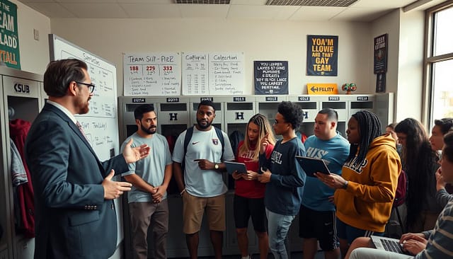 A vibrant locker room scene filled with diversity, showcasing a roster management team discussing strategies for team culture and fit. In the foreground, a team leader in professional attire stands confidently, gesturing towards a wall-mounted whiteboard filled with player statistics and motivational quotes. In the middle, teammates of different backgrounds engage in focused conversation, some pointing at laptops, others reviewing player footage on tablets, all wearing casual team gear. The background features lockers with team memorabilia and motivational posters, creating an inspiring atmosphere. Soft, natural lighting filters in through windows, enhancing the camaraderie and energy in the room, while a wide-angle lens captures the entire scene, emphasizing teamwork and collaboration. The mood is dedicated and optimistic, reflecting the hard work that goes into building a cohesive team. A vibrant locker room scene filled with diversity, showcasing a roster management team discussing strategies for team culture and fit. In the foreground, a team leader in professional attire stands confidently, gesturing towards a wall-mounted whiteboard filled with player statistics and motivational quotes. In the middle, teammates of different backgrounds engage in focused conversation, some pointing at laptops, others reviewing player footage on tablets, all wearing casual team gear. The background features lockers with team memorabilia and motivational posters, creating an inspiring atmosphere. Soft, natural lighting filters in through windows, enhancing the camaraderie and energy in the room, while a wide-angle lens captures the entire scene, emphasizing teamwork and collaboration. The mood is dedicated and optimistic, reflecting the hard work that goes into building a cohesive team.