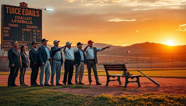 A vibrant scene capturing the essence of Texas baseball history, showcasing both triumphs and struggles. In the foreground, a small group of diverse, professionally attired college coaches stands proudly on a baseball field, pointing towards the horizon, symbolizing leadership and mentorship. The middle ground features a vintage baseball scoreboard, reflecting key wins and losses, while worn baseball bats and gloves rest against an old wooden bench, hinting at past challenges. In the background, a dramatic sunset casts warm hues over a sprawling Texas landscape, with distant hills and a lone Texas flag waving, representing resilience. The lighting is golden and glowing, evoking nostalgia, while the angle is slightly elevated, creating a dynamic composition that captures the spirit of Texas baseball tradition. A vibrant scene capturing the essence of Texas baseball history, showcasing both triumphs and struggles. In the foreground, a small group of diverse, professionally attired college coaches stands proudly on a baseball field, pointing towards the horizon, symbolizing leadership and mentorship. The middle ground features a vintage baseball scoreboard, reflecting key wins and losses, while worn baseball bats and gloves rest against an old wooden bench, hinting at past challenges. In the background, a dramatic sunset casts warm hues over a sprawling Texas landscape, with distant hills and a lone Texas flag waving, representing resilience. The lighting is golden and glowing, evoking nostalgia, while the angle is slightly elevated, creating a dynamic composition that captures the spirit of Texas baseball tradition.