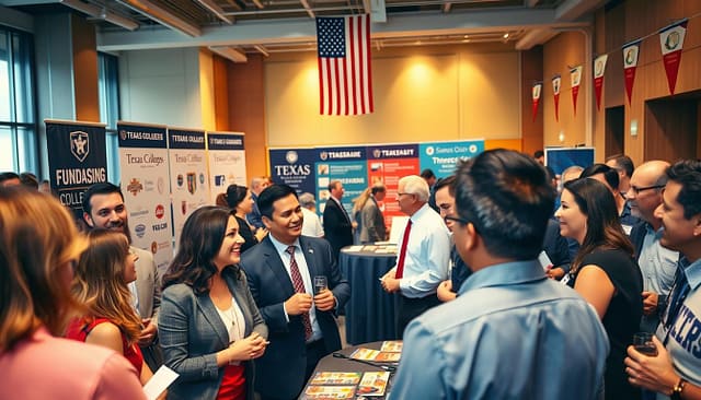 A vibrant scene depicting the essence of "Texas college leadership alumni fundraising continuum." In the foreground, a diverse group of alumni in professional business attire stands together, engaging in a lively discussion with enthusiasm and optimism. In the middle ground, a modern fundraising event backdrop showcasing banners of various Texas colleges and university logos, along with tables set with brochures and donation cards. The background features a warm, inviting hall illuminated by soft lighting, with an American flag and college pennants hanging. The atmosphere conveys camaraderie, community spirit, and the importance of alumni involvement in supporting college baseball programs. The angle is slightly elevated, capturing both the attendees' expressions and the dynamic environment of the fundraising event, emphasizing a hopeful and collaborative mood. A vibrant scene depicting the essence of "Texas college leadership alumni fundraising continuum." In the foreground, a diverse group of alumni in professional business attire stands together, engaging in a lively discussion with enthusiasm and optimism. In the middle ground, a modern fundraising event backdrop showcasing banners of various Texas colleges and university logos, along with tables set with brochures and donation cards. The background features a warm, inviting hall illuminated by soft lighting, with an American flag and college pennants hanging. The atmosphere conveys camaraderie, community spirit, and the importance of alumni involvement in supporting college baseball programs. The angle is slightly elevated, capturing both the attendees' expressions and the dynamic environment of the fundraising event, emphasizing a hopeful and collaborative mood.