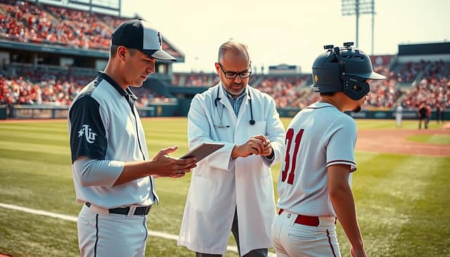 A dynamic coaching scene set on a baseball field, showcasing collaboration between a Texas college baseball coach and a sports scientist. In the foreground, the coach, dressed in professional athletic attire, examines data on a tablet while looking thoughtfully at a young player in a batting stance, demonstrating focus and mentorship. In the middle ground, the sports scientist, wearing a lab coat and glasses, adjusts various sensors on the player, symbolizing cutting-edge technology and innovation. The background features a well-maintained baseball diamond under bright, natural sunlight, with a backdrop of cheering spectators, creating an atmosphere of excitement and progress. The scene is captured from a slightly elevated angle to encompass both the coaching interaction and the energetic environment of the game, highlighting the fusion of sports and science. A dynamic coaching scene set on a baseball field, showcasing collaboration between a Texas college baseball coach and a sports scientist. In the foreground, the coach, dressed in professional athletic attire, examines data on a tablet while looking thoughtfully at a young player in a batting stance, demonstrating focus and mentorship. In the middle ground, the sports scientist, wearing a lab coat and glasses, adjusts various sensors on the player, symbolizing cutting-edge technology and innovation. The background features a well-maintained baseball diamond under bright, natural sunlight, with a backdrop of cheering spectators, creating an atmosphere of excitement and progress. The scene is captured from a slightly elevated angle to encompass both the coaching interaction and the energetic environment of the game, highlighting the fusion of sports and science.