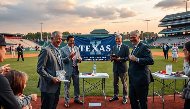 A dynamic scene at a Texas college baseball field, showcasing an alumni fundraising event. In the foreground, a diverse group of four individuals, including two former players turned coaches, engaging with attendees in professional business attire, with warm smiles and animated gestures. They’re holding baseball memorabilia for signature signings. In the middle, a large banner displaying the college logo is prominently displayed, along with tables set up with fundraising materials and refreshments, creating a lively atmosphere. The background features a well-maintained baseball diamond under soft golden hour lighting, enhancing the sense of community and nostalgia. The mood is uplifting and collaborative, highlighting the strength of alumni networks in supporting college baseball programs. Wide-angle view to capture the full vibrancy of the event. A dynamic scene at a Texas college baseball field, showcasing an alumni fundraising event. In the foreground, a diverse group of four individuals, including two former players turned coaches, engaging with attendees in professional business attire, with warm smiles and animated gestures. They’re holding baseball memorabilia for signature signings. In the middle, a large banner displaying the college logo is prominently displayed, along with tables set up with fundraising materials and refreshments, creating a lively atmosphere. The background features a well-maintained baseball diamond under soft golden hour lighting, enhancing the sense of community and nostalgia. The mood is uplifting and collaborative, highlighting the strength of alumni networks in supporting college baseball programs. Wide-angle view to capture the full vibrancy of the event.