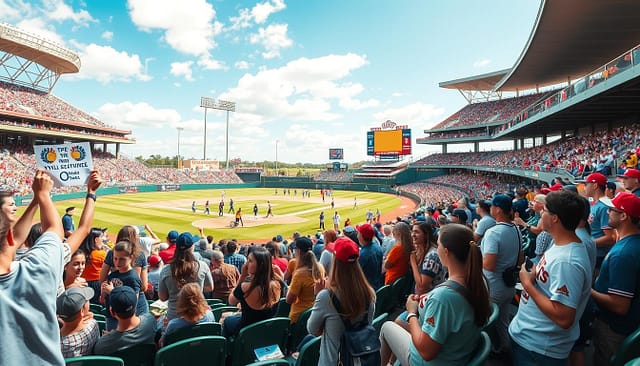 A vibrant and inclusive college baseball scene, showcasing fans in a lively stadium. In the foreground, diverse groups of students, dressed in casual, colorful college attire, engage in supportive activities. Some hold banners that promote accessibility, while others cheer and chant energetically. The middle of the image features sensory-friendly zones marked by calming colors, with students enjoying the game comfortably in designated areas. In the background, a sunny Texas sky casts bright, natural lighting over the field, as players in team uniforms participate in an engaging game. The atmosphere is lively yet respectful, reflecting a sense of community and inclusion, with families and friends enjoying the event together. A wide-angle perspective captures the excitement and camaraderie throughout the stadium. A vibrant and inclusive college baseball scene, showcasing fans in a lively stadium. In the foreground, diverse groups of students, dressed in casual, colorful college attire, engage in supportive activities. Some hold banners that promote accessibility, while others cheer and chant energetically. The middle of the image features sensory-friendly zones marked by calming colors, with students enjoying the game comfortably in designated areas. In the background, a sunny Texas sky casts bright, natural lighting over the field, as players in team uniforms participate in an engaging game. The atmosphere is lively yet respectful, reflecting a sense of community and inclusion, with families and friends enjoying the event together. A wide-angle perspective captures the excitement and camaraderie throughout the stadium.