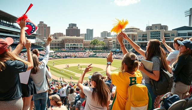 A vibrant college baseball scene capturing the energetic spirit of student life. In the foreground, a diverse group of students, dressed in spirited college attire, cheer enthusiastically from the stands, waving flags and pom-poms. Some hold notebooks, representing journalism and sports marketing studies. In the middle ground, the baseball field is lively with players in action, wearing colorful uniforms and focused on the game. To the background, iconic university buildings and banners can be seen, framing the scene. The lighting is bright and warm, suggesting a sunny game day, with an angle slightly elevated to capture the excitement and unity among students. The atmosphere is filled with camaraderie, showcasing the cultural impact of college baseball on campus life. A vibrant college baseball scene capturing the energetic spirit of student life. In the foreground, a diverse group of students, dressed in spirited college attire, cheer enthusiastically from the stands, waving flags and pom-poms. Some hold notebooks, representing journalism and sports marketing studies. In the middle ground, the baseball field is lively with players in action, wearing colorful uniforms and focused on the game. To the background, iconic university buildings and banners can be seen, framing the scene. The lighting is bright and warm, suggesting a sunny game day, with an angle slightly elevated to capture the excitement and unity among students. The atmosphere is filled with camaraderie, showcasing the cultural impact of college baseball on campus life.
