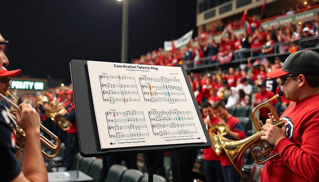 A vibrant pep band performing at a Texas college baseball game, positioned in the foreground with musicians energetically playing brass instruments, wearing school colors. In the middle ground, a detailed coordination tempo map displayed on a music stand, featuring colorful notations and musical symbols, indicating cues for each inning. The background displays an enthusiastic student section with fans cheering, dressed in team jerseys and waving banners. The scene is illuminated by bright stadium lights, creating a lively and dynamic atmosphere, capturing the spirit of college sports tradition. The angle is slightly elevated, capturing both the band’s performance and the excitement of the crowd, conveying a sense of community and celebration. A vibrant pep band performing at a Texas college baseball game, positioned in the foreground with musicians energetically playing brass instruments, wearing school colors. In the middle ground, a detailed coordination tempo map displayed on a music stand, featuring colorful notations and musical symbols, indicating cues for each inning. The background displays an enthusiastic student section with fans cheering, dressed in team jerseys and waving banners. The scene is illuminated by bright stadium lights, creating a lively and dynamic atmosphere, capturing the spirit of college sports tradition. The angle is slightly elevated, capturing both the band’s performance and the excitement of the crowd, conveying a sense of community and celebration.