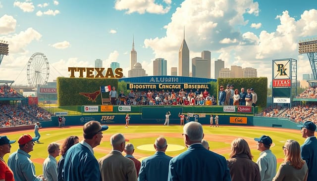 A vibrant scene illustrating the interconnectedness of alumni networks in Texas college baseball. In the foreground, a diverse group of former players dressed in professional attire engages in conversation, showcasing camaraderie and shared passion. The middle layer features a dynamic booster club meeting, with people holding baseball memorabilia and banners of their alma mater, emphasizing community spirit. In the background, a picturesque Texas baseball field under a bright blue sky is visible, with iconic Texas landmarks subtly integrated into the scenery. Soft, warm lighting illuminates the scene, evoking a sense of nostalgia and pride. The mood conveys collaboration, support, and the enduring bond of alumni as they contribute to the future of Texas college baseball. A vibrant scene illustrating the interconnectedness of alumni networks in Texas college baseball. In the foreground, a diverse group of former players dressed in professional attire engages in conversation, showcasing camaraderie and shared passion. The middle layer features a dynamic booster club meeting, with people holding baseball memorabilia and banners of their alma mater, emphasizing community spirit. In the background, a picturesque Texas baseball field under a bright blue sky is visible, with iconic Texas landmarks subtly integrated into the scenery. Soft, warm lighting illuminates the scene, evoking a sense of nostalgia and pride. The mood conveys collaboration, support, and the enduring bond of alumni as they contribute to the future of Texas college baseball.