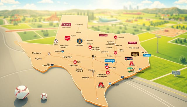 A detailed Texas baseball travel map showcasing major college baseball locations across the state. In the foreground, include colorful icons representing different collegiate baseball teams, with small baseballs and bats symbolizing their respective regions. The middle ground features highways and scenic routes connecting cities like Austin, Lubbock, and Arlington, with detailed road signs and travel symbols for drive times and bus/train options. The background is a stylized illustration of Texas with recognizable landmarks and vibrant green fields, suggesting a sunny day. Natural lighting filters down, creating a warm, inviting atmosphere. The overall mood should be adventurous and engaging, enticing readers to explore Texas college baseball. The perspective should be slightly tilted to give a dynamic view of the map's features without any text overlays. A detailed Texas baseball travel map showcasing major college baseball locations across the state. In the foreground, include colorful icons representing different collegiate baseball teams, with small baseballs and bats symbolizing their respective regions. The middle ground features highways and scenic routes connecting cities like Austin, Lubbock, and Arlington, with detailed road signs and travel symbols for drive times and bus/train options. The background is a stylized illustration of Texas with recognizable landmarks and vibrant green fields, suggesting a sunny day. Natural lighting filters down, creating a warm, inviting atmosphere. The overall mood should be adventurous and engaging, enticing readers to explore Texas college baseball. The perspective should be slightly tilted to give a dynamic view of the map's features without any text overlays.