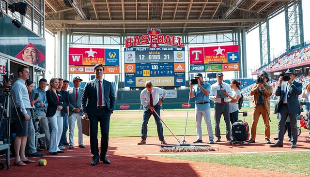 A dynamic college baseball scene showcasing various roles within a vibrant game day setting. In the foreground, diverse ushers in professional attire welcome fans at the entrance, while in the middle ground, a dedicated field crew prepares the diamond, raking the infield and painting the lines. Visualize an enthusiastic media team in business casual clothing capturing the action with cameras and laptops nearby. The background features a busy scoreboard and colorful banners promoting the team. The lighting is bright and cheerful, evoking a sunny afternoon atmosphere, with a wide-angle view capturing the excitement and energy of a college baseball game day. A dynamic college baseball scene showcasing various roles within a vibrant game day setting. In the foreground, diverse ushers in professional attire welcome fans at the entrance, while in the middle ground, a dedicated field crew prepares the diamond, raking the infield and painting the lines. Visualize an enthusiastic media team in business casual clothing capturing the action with cameras and laptops nearby. The background features a busy scoreboard and colorful banners promoting the team. The lighting is bright and cheerful, evoking a sunny afternoon atmosphere, with a wide-angle view capturing the excitement and energy of a college baseball game day.