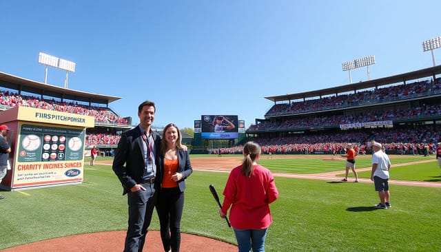 A lively college baseball stadium on game day, filled with enthusiastic fans wearing team colors. In the foreground, a first-pitch sponsor stands on the field, dressed in smart casual clothing, smiling as they prepare to throw the opening pitch. Nearby, a sponsor booth showcases interactive games and donation opportunities for charity innings, attracting excited children and families. The middle ground displays players warming up, while the vibrant crowd is seen cheering in the background. Bright stadium lights illuminate the scene under a clear blue sky, creating an energetic atmosphere. The angle captures both the field and the stands, emphasizing a sense of community and engagement during this special game day event. A lively college baseball stadium on game day, filled with enthusiastic fans wearing team colors. In the foreground, a first-pitch sponsor stands on the field, dressed in smart casual clothing, smiling as they prepare to throw the opening pitch. Nearby, a sponsor booth showcases interactive games and donation opportunities for charity innings, attracting excited children and families. The middle ground displays players warming up, while the vibrant crowd is seen cheering in the background. Bright stadium lights illuminate the scene under a clear blue sky, creating an energetic atmosphere. The angle captures both the field and the stands, emphasizing a sense of community and engagement during this special game day event.