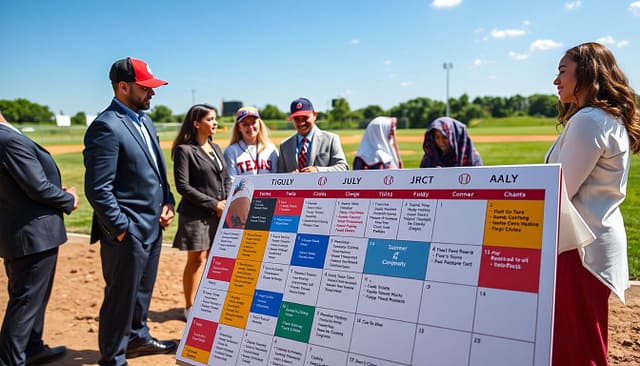 A vibrant community outreach calendar for Texas college baseball, prominently displayed. In the foreground, a large, neatly organized calendar with colorful blocks indicating various events such as clinics, school visits, and summer camps. Each block features symbolic icons like baseballs, books, and food drives. In the middle ground, a group of diverse students and coaches, dressed in professional business attire and modest casual clothing, engage in discussions and planning. The background features a sunny Texas landscape with a baseball field and clear blue skies, creating an inviting and optimistic atmosphere. The lighting is bright and cheerful, casting soft shadows, as if capturing a warm summer day, with a focus on camaraderie and community engagement. A vibrant community outreach calendar for Texas college baseball, prominently displayed. In the foreground, a large, neatly organized calendar with colorful blocks indicating various events such as clinics, school visits, and summer camps. Each block features symbolic icons like baseballs, books, and food drives. In the middle ground, a group of diverse students and coaches, dressed in professional business attire and modest casual clothing, engage in discussions and planning. The background features a sunny Texas landscape with a baseball field and clear blue skies, creating an inviting and optimistic atmosphere. The lighting is bright and cheerful, casting soft shadows, as if capturing a warm summer day, with a focus on camaraderie and community engagement.