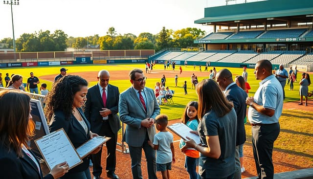 A vibrant community outreach event taking place at a Texas college baseball field, spotlighting volunteers in professional business attire engaging with families and children. In the foreground, diverse volunteers are tracking impact metrics on clipboards, showing hours served and funds raised, while others share information with attendees. The middle ground features a lively baseball diamond, with enthusiastic kids participating in clinics and activities. In the background, banners displaying baseball and community outreach themes flutter gently in the breeze. The scene is illuminated by warm, golden sunlight, conveying a sense of positivity and hope. The angle is slightly elevated, capturing the bustling activity and camaraderie amongst participants, inviting viewers into the spirit of community engagement. A vibrant community outreach event taking place at a Texas college baseball field, spotlighting volunteers in professional business attire engaging with families and children. In the foreground, diverse volunteers are tracking impact metrics on clipboards, showing hours served and funds raised, while others share information with attendees. The middle ground features a lively baseball diamond, with enthusiastic kids participating in clinics and activities. In the background, banners displaying baseball and community outreach themes flutter gently in the breeze. The scene is illuminated by warm, golden sunlight, conveying a sense of positivity and hope. The angle is slightly elevated, capturing the bustling activity and camaraderie amongst participants, inviting viewers into the spirit of community engagement.