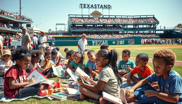 A vibrant community scene showcasing high-trust NIL activations in Texas college baseball. In the foreground, a diverse group of children engaged in a lively literacy drive, sitting on picnic blankets with books and educational materials. In the middle ground, professional volunteers in modest casual attire are conducting health clinics, providing check-ups and healthcare resources to local families. Nearby, a youth baseball camp is in full swing, with coaches teaching young athletes basic skills. The background features a sunny day, with a clear blue sky and iconic Texas baseball field, with enthusiastic spectators in the distance. Warm, natural lighting enhances the sense of community and collaboration, creating a positive and inviting atmosphere. Use a wide-angle lens to capture the entire lively scene in sharp detail. A vibrant community scene showcasing high-trust NIL activations in Texas college baseball. In the foreground, a diverse group of children engaged in a lively literacy drive, sitting on picnic blankets with books and educational materials. In the middle ground, professional volunteers in modest casual attire are conducting health clinics, providing check-ups and healthcare resources to local families. Nearby, a youth baseball camp is in full swing, with coaches teaching young athletes basic skills. The background features a sunny day, with a clear blue sky and iconic Texas baseball field, with enthusiastic spectators in the distance. Warm, natural lighting enhances the sense of community and collaboration, creating a positive and inviting atmosphere. Use a wide-angle lens to capture the entire lively scene in sharp detail.