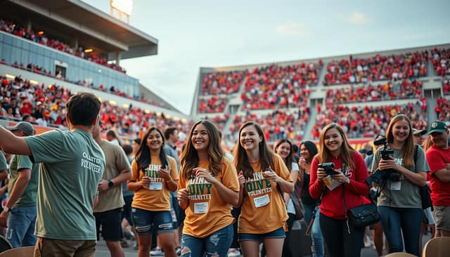 A vibrant scene depicting college game day volunteer roles at a bustling stadium environment. In the foreground, a diverse group of volunteers in matching t-shirts and casual attire enthusiastically assist fans: one is directing people to their seats, another is cleaning up spilled food, while a third is capturing moments with a camera for student media. The middle ground features excited fans wearing university colors, tailgating, and sharing joyful moments. In the background, the stadium's towering stands filled with cheering supporters are illuminated by the warm glow of early evening lights, casting a lively atmosphere. The image is captured from a slight angle to incorporate the dynamic activities and the engaging community spirit, creating an uplifting mood that showcases teamwork and enthusiasm. A vibrant scene depicting college game day volunteer roles at a bustling stadium environment. In the foreground, a diverse group of volunteers in matching t-shirts and casual attire enthusiastically assist fans: one is directing people to their seats, another is cleaning up spilled food, while a third is capturing moments with a camera for student media. The middle ground features excited fans wearing university colors, tailgating, and sharing joyful moments. In the background, the stadium's towering stands filled with cheering supporters are illuminated by the warm glow of early evening lights, casting a lively atmosphere. The image is captured from a slight angle to incorporate the dynamic activities and the engaging community spirit, creating an uplifting mood that showcases teamwork and enthusiasm.