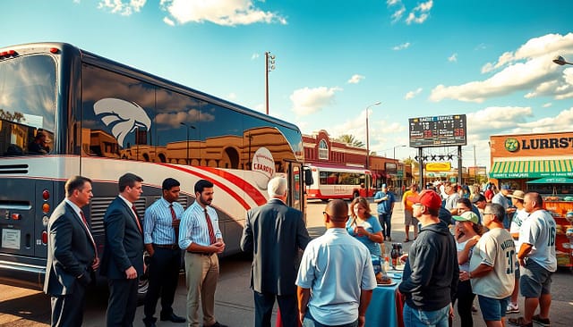 A vibrant scene depicting the economic impact of college baseball transportation in a Texas town. In the foreground, a group of college baseball players in professional business attire stands next to a team bus adorned with the school’s logo, discussing logistics. In the middle ground, local vendors are setting up stalls beside the bus, showcasing baseball merchandise and refreshments, with excited fans wearing hats and jerseys. The background features a sunny sky over a bustling town square, with small shops and a community scoreboard displaying sports events. The overall atmosphere is lively and optimistic, captured with warm lighting that highlights the sense of community and engagement. Use a wide-angle lens to emphasize the interaction between the players and the vendors, providing a sense of depth and space. A vibrant scene depicting the economic impact of college baseball transportation in a Texas town. In the foreground, a group of college baseball players in professional business attire stands next to a team bus adorned with the school’s logo, discussing logistics. In the middle ground, local vendors are setting up stalls beside the bus, showcasing baseball merchandise and refreshments, with excited fans wearing hats and jerseys. The background features a sunny sky over a bustling town square, with small shops and a community scoreboard displaying sports events. The overall atmosphere is lively and optimistic, captured with warm lighting that highlights the sense of community and engagement. Use a wide-angle lens to emphasize the interaction between the players and the vendors, providing a sense of depth and space.