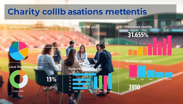 A visually engaging infographic representing charity collaborations impact metrics, featuring a well-organized layout. In the foreground, include elements like pie charts and bar graphs showcasing funds donated to nonprofits, participant counts, and sentiment survey results, illustrated with bright colors and professional design. The middle layer displays diverse community members in professional attire, collaborating around a large table filled with papers and laptops, discussing these metrics. In the background, a soft-focus image of a local Texas college baseball field symbolizes the community aspect, bathed in warm, natural light to create an inviting atmosphere. The overall mood is optimistic and collaborative, capturing the essence of positive community impact in Texas college baseball culture. A visually engaging infographic representing charity collaborations impact metrics, featuring a well-organized layout. In the foreground, include elements like pie charts and bar graphs showcasing funds donated to nonprofits, participant counts, and sentiment survey results, illustrated with bright colors and professional design. The middle layer displays diverse community members in professional attire, collaborating around a large table filled with papers and laptops, discussing these metrics. In the background, a soft-focus image of a local Texas college baseball field symbolizes the community aspect, bathed in warm, natural light to create an inviting atmosphere. The overall mood is optimistic and collaborative, capturing the essence of positive community impact in Texas college baseball culture.