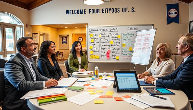 A visually engaging scene depicting a community meeting focused on establishing agreements for visitor spend during college baseball events. In the foreground, a diverse group of five individuals in professional business attire sits around a round table cluttered with papers, notepads, and a digital tablet displaying community survey results. The middle ground features a large whiteboard filled with colorful post-it notes and key points outlined in markers, illustrating ideas like traffic management, litter control, and noise reduction. The background shows a welcoming community center with warm, inviting lighting and banners celebrating local baseball culture. The atmosphere is collaborative and upbeat, with a sense of unity and purpose among attendees, highlighting their commitment to preserving community quality of life. A visually engaging scene depicting a community meeting focused on establishing agreements for visitor spend during college baseball events. In the foreground, a diverse group of five individuals in professional business attire sits around a round table cluttered with papers, notepads, and a digital tablet displaying community survey results. The middle ground features a large whiteboard filled with colorful post-it notes and key points outlined in markers, illustrating ideas like traffic management, litter control, and noise reduction. The background shows a welcoming community center with warm, inviting lighting and banners celebrating local baseball culture. The atmosphere is collaborative and upbeat, with a sense of unity and purpose among attendees, highlighting their commitment to preserving community quality of life.