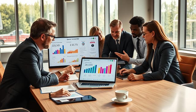 A well-dressed team of diverse professionals, gathered around a modern conference table, intently analyzing colorful graphs and charts on a sleek laptop screen showing sponsor activation ROI metrics. In the foreground, a manager points at a chart displaying redemption rates and QR scan statistics, while colleagues discuss and take notes. The middle ground includes documents, a digital tablet, and coffee cups, creating an engaged work environment. The background features large windows with natural light streaming in, giving a bright, optimistic atmosphere. The scene is shot with a wide-angle lens, emphasizing collaboration and strategic planning, evoking a sense of focused determination and professional growth in the realm of business partnerships in sports. A well-dressed team of diverse professionals, gathered around a modern conference table, intently analyzing colorful graphs and charts on a sleek laptop screen showing sponsor activation ROI metrics. In the foreground, a manager points at a chart displaying redemption rates and QR scan statistics, while colleagues discuss and take notes. The middle ground includes documents, a digital tablet, and coffee cups, creating an engaged work environment. The background features large windows with natural light streaming in, giving a bright, optimistic atmosphere. The scene is shot with a wide-angle lens, emphasizing collaboration and strategic planning, evoking a sense of focused determination and professional growth in the realm of business partnerships in sports.