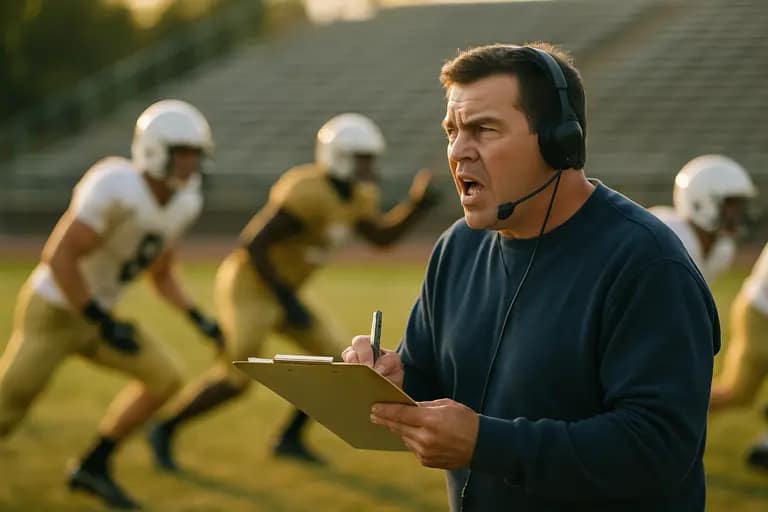 Assistant coach speaking to linemen during a football practice period