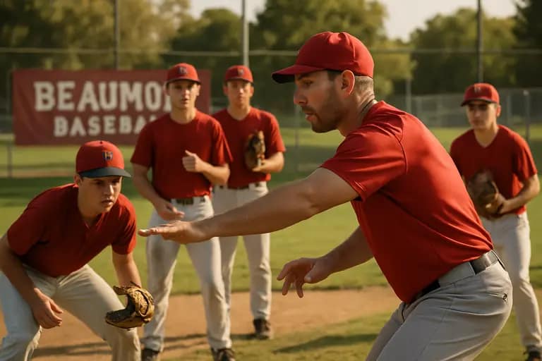 Baseball players warming up near a dugout before practice