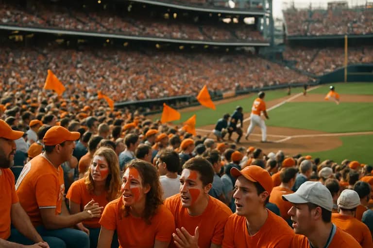 Fans watching a college baseball game from the stands on a clear afternoon