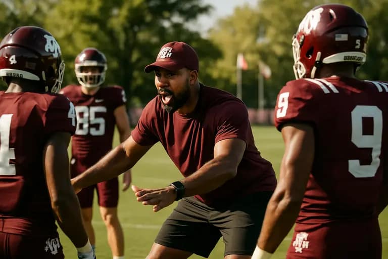 Football players practicing blocking technique during a team workout
