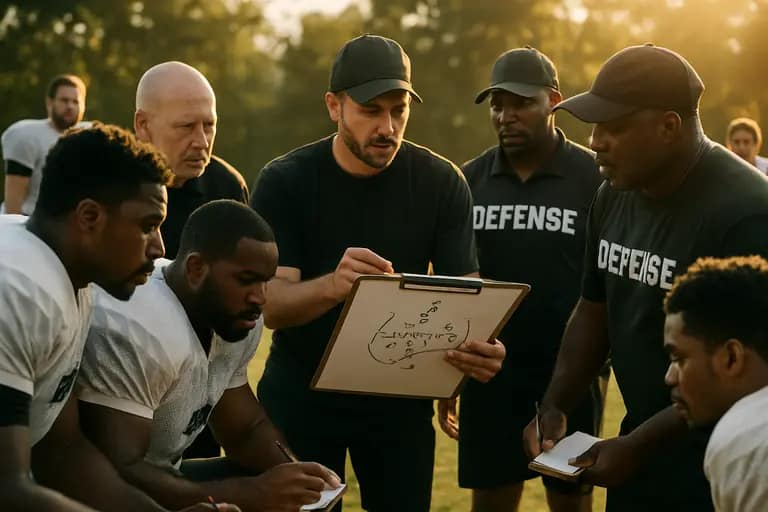 Linebackers taking reps during a football practice session