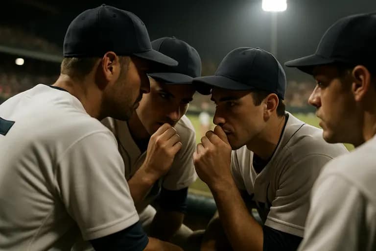 Pitcher and catcher meeting on the mound during a tight baseball game