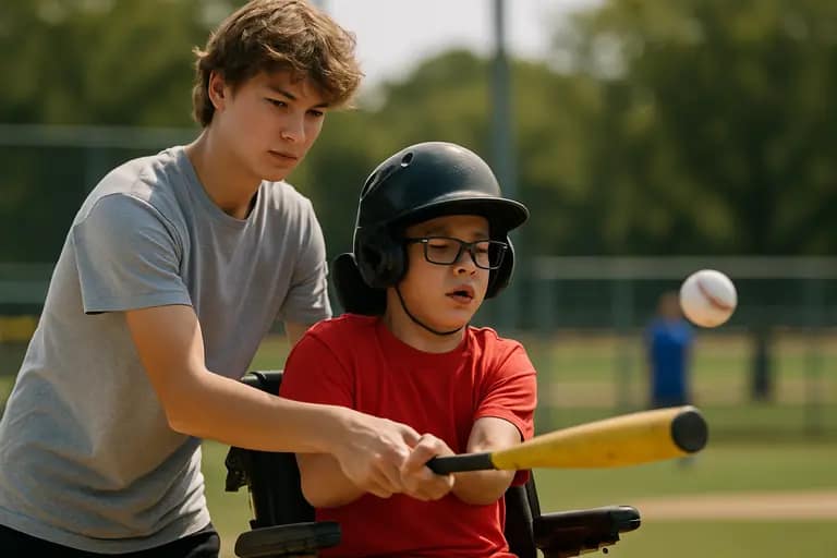 Teen volunteer assisting a player during an adaptive baseball activity